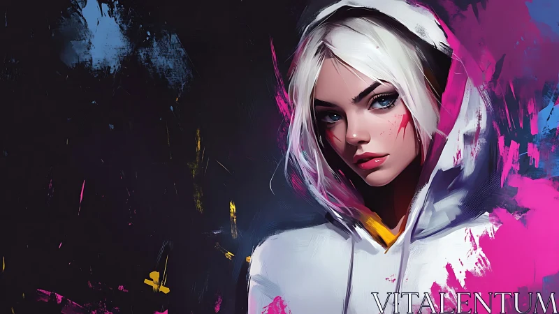 Neon-tinged hoodie portrait with dynamic brush textures.