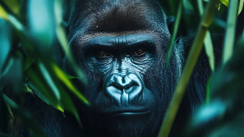 High-contrast gorilla portrait with shallow depth and cool rim lighting