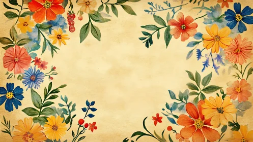 Vintage Floral Wreath on Warm Cream Canvas.