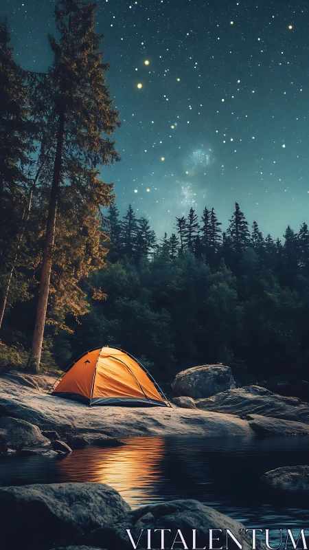 Cozy riverside tent glowing softly under a peaceful starry sky.