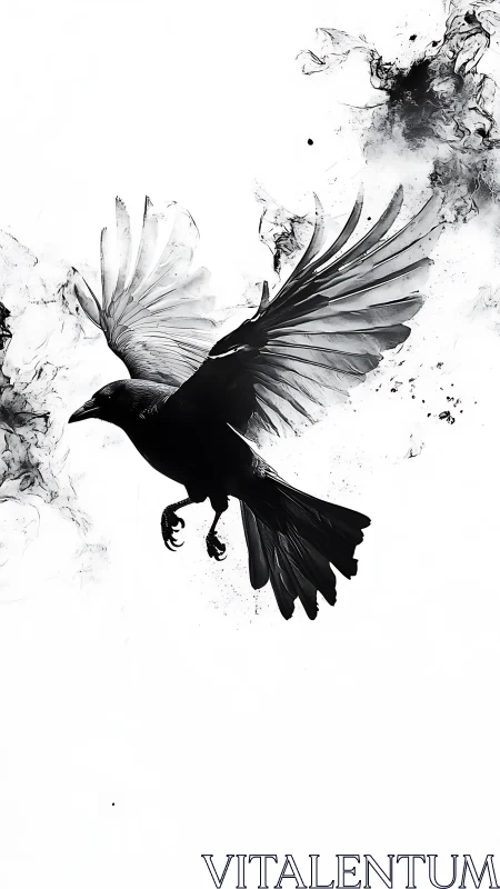 Ink-splashed crow erupts through stark white negative space.