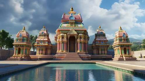 Colorful temple complex with central tower by reflecting pool.