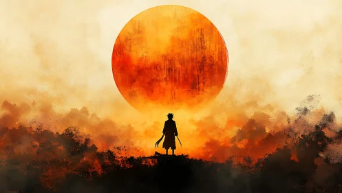 Silhouetted lone warrior under textured red sun at dusk