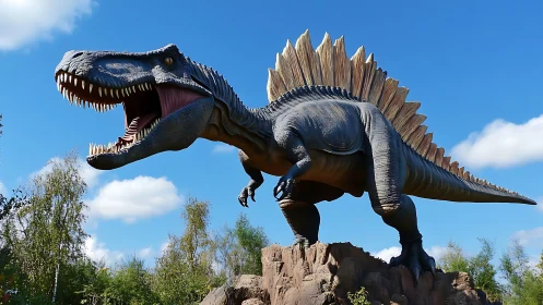 Large spiked dinosaur statue on rocky hill under blue sky.