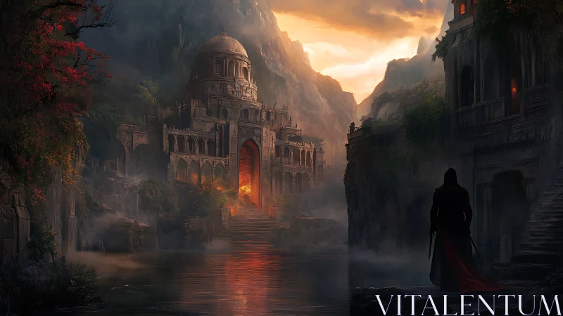 Lone cloaked figure observes burning citadel at dusk