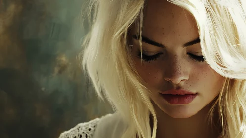 Soft light on a freckled face in quiet reflection.