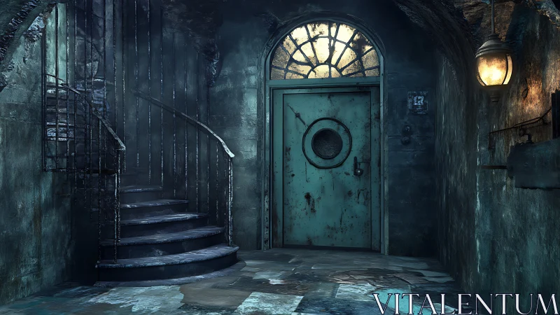 Rusted metal door in narrow stone corridor with spiral stairs.