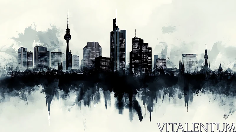 Monochrome skyline rises above mirrored ink-wash horizon