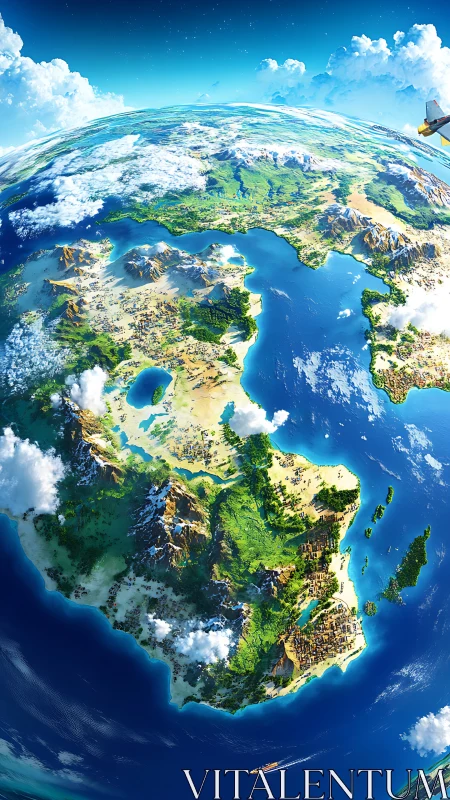 Sweeping fantasy world map arcing across a sunlit planet.