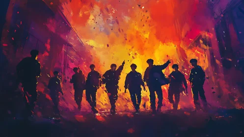 Silhouetted Team Advancing Through Explosive Inferno Landscape