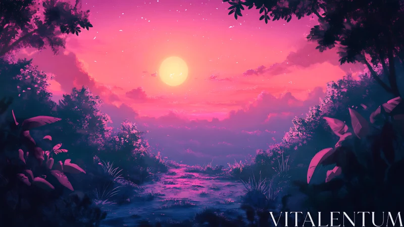 Radiant neon sunset over tranquil forest stream at dusk.