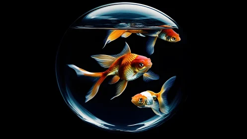 Three Colorful Goldfish in a Glass Bowl on Black Background.