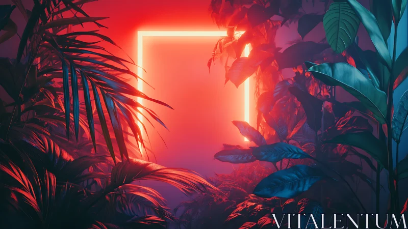 Neon rectangle glows inside dense tropical foliage.