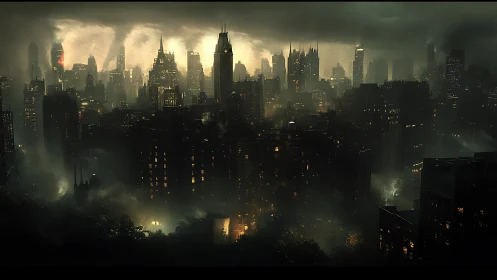 Noir megacity skyline under storm-lit atmospheric haze