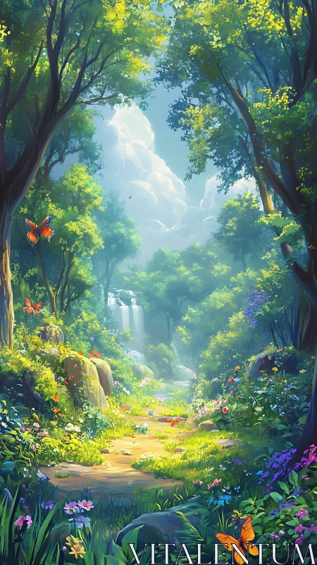 Enchanted Forest Valley with Waterfall and Butterflies