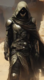 Hooded sci fi desert sentinel in armored tactical cloak.