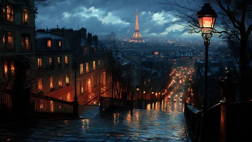 Rainy Paris stairway glowing under a moody blue night.