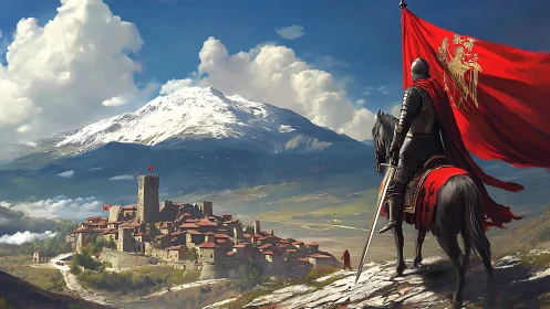 Armored herald surveys crimson-bannered mountain realm.