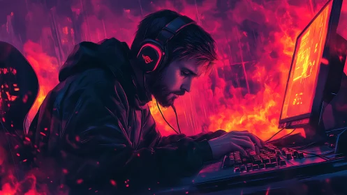 Focused gamer leans into monitor amid vivid fiery glow