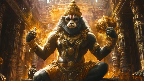 Divine monkey warrior deity sits enthroned in fiery temple hall