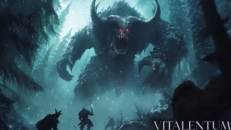 Midnight monster duel amid icy, enchanted winter forest.