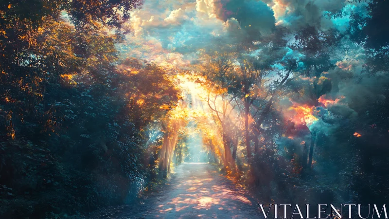 Sunlit Forest Path with Dramatic Atmospheric Effects.