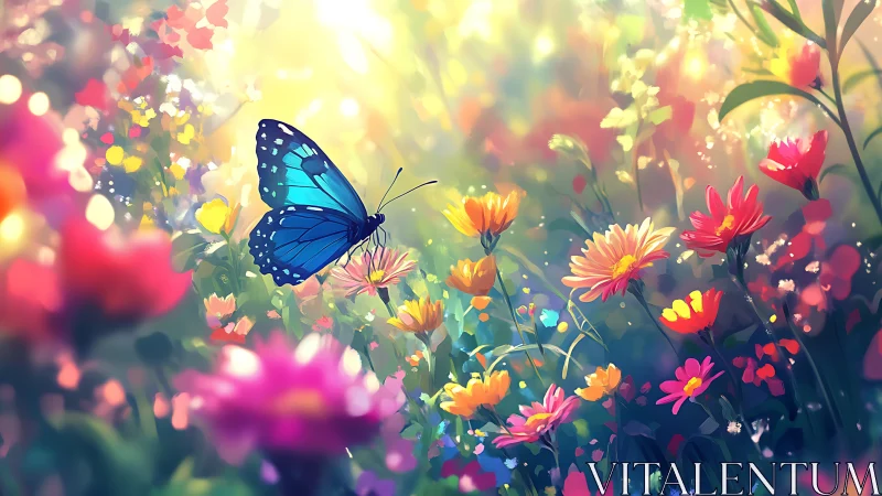 Blue butterfly drifts through sunlit wildflower daydream.