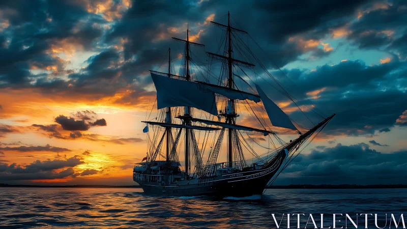 Sunset-cloaked tall ship chasing the last ember of day.