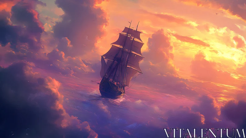 Dreamy tall ship sails through glowing sunset clouds