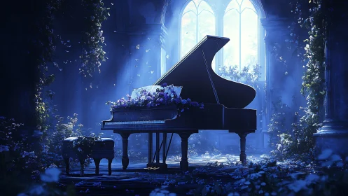 Grand piano in overgrown hall with blue ambient light.