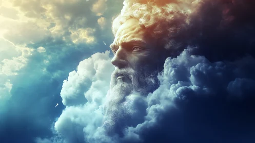 Skyfather gazes from storm-carved clouds of memory.