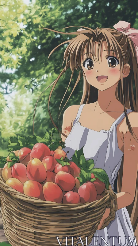 Smiling anime girl carries woven basket loaded with ripe apples