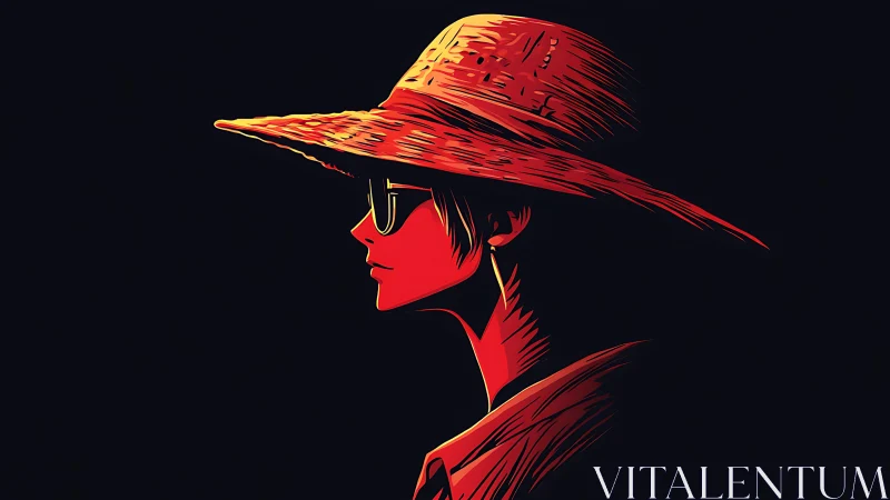 Stylized side profile of person in wide straw hat.