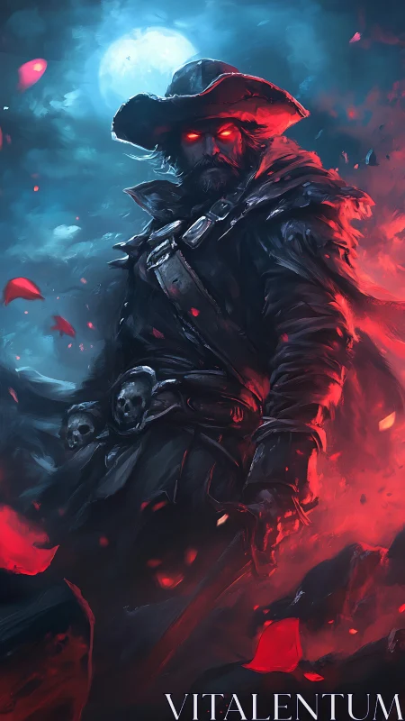 Dark gunslinger under moonlight with glowing red eyes.