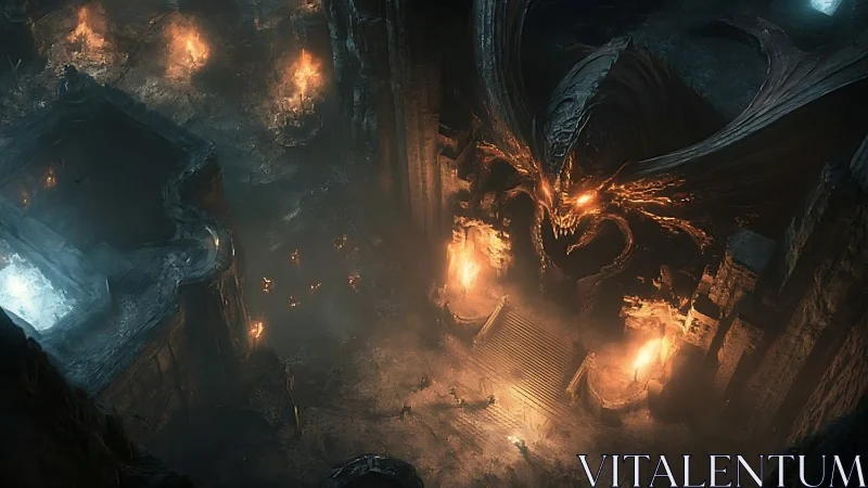 Gigantic demonic gate looms over firelit dungeon entrance.