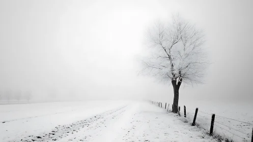 Quiet winter road welcomes a lone frost covered tree in mist