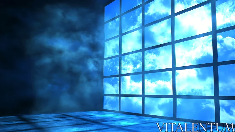 Soft blue clouds pour gentle light through a vast window wall