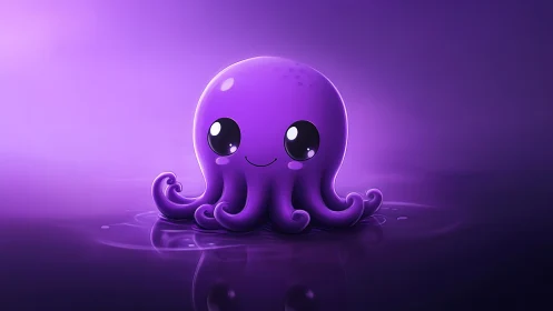 Cute purple cartoon octopus on soft glowing water surface.
