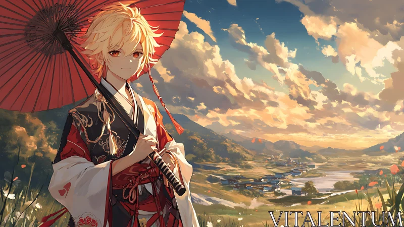 Kimono-clad swordsman under red parasol in luminous rural valley