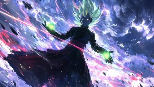 Storm-wreathed energy mage amid cosmic lightning clash.