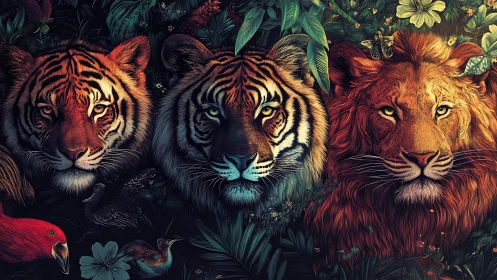Tiger, Lion, Jungle. Vibrant Wildlife Art.