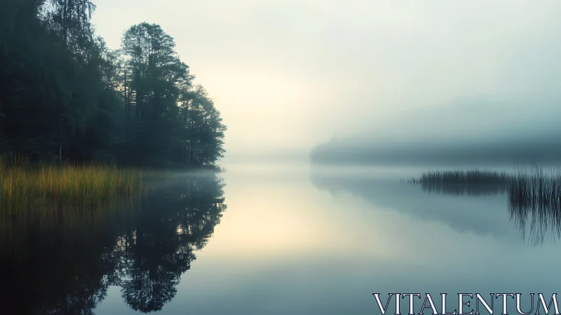 Foggy lake reflects trees and reeds in soft morning light