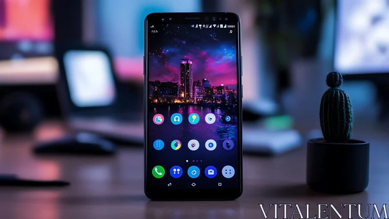 Android Smartphone with Night City Wallpaper and App Icons.
