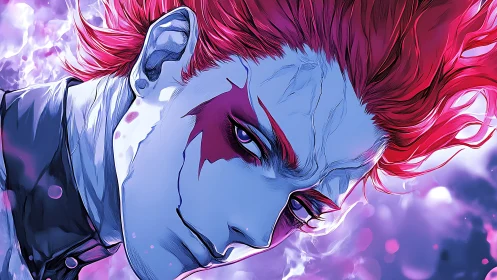 Close-up anime portrait of red-haired figure with blue skin.