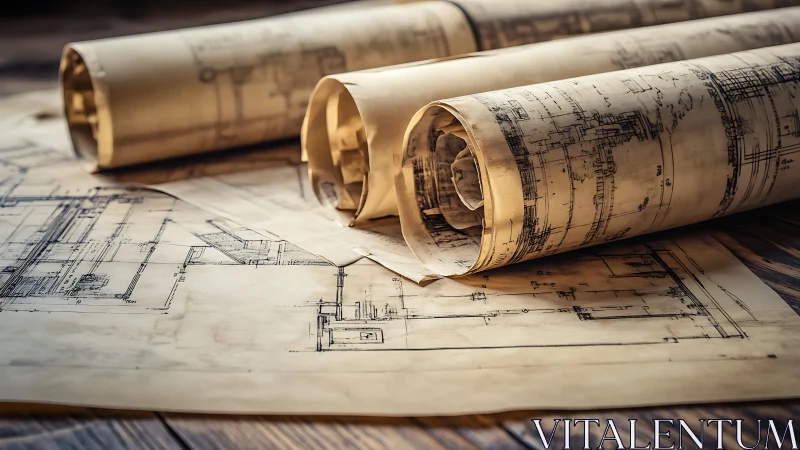 Rolled Architectural Blueprints on Technical Drawings