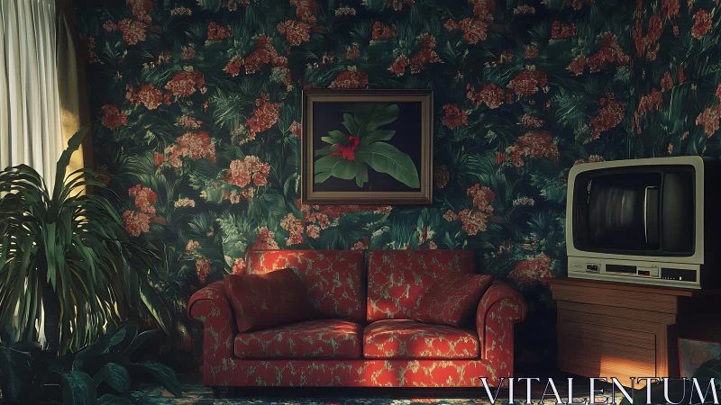 Retro living room scene with floral patterns and side-lit ambience