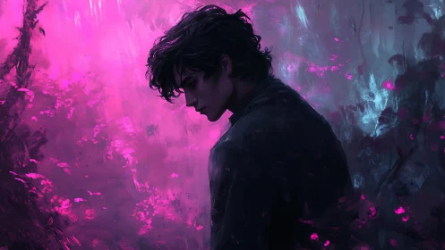 Silent midnight dreamer in neon-bloomed twilight garden.