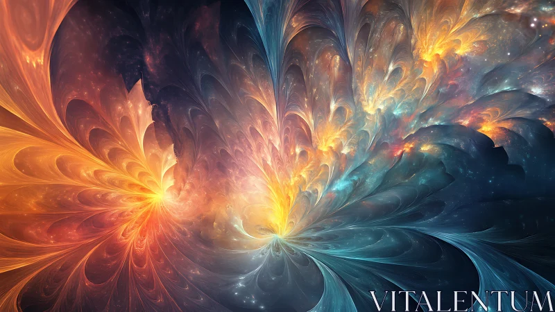 Cosmic flower bursts in swirling gold and sapphire light.