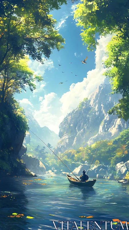 Solitary fisherman in narrow river valley under bright sky.