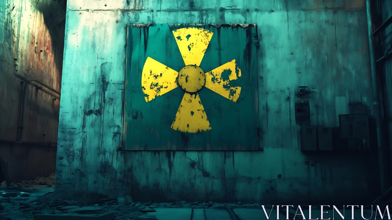 Rust-bitten radiation symbol hums on a teal-stained wall